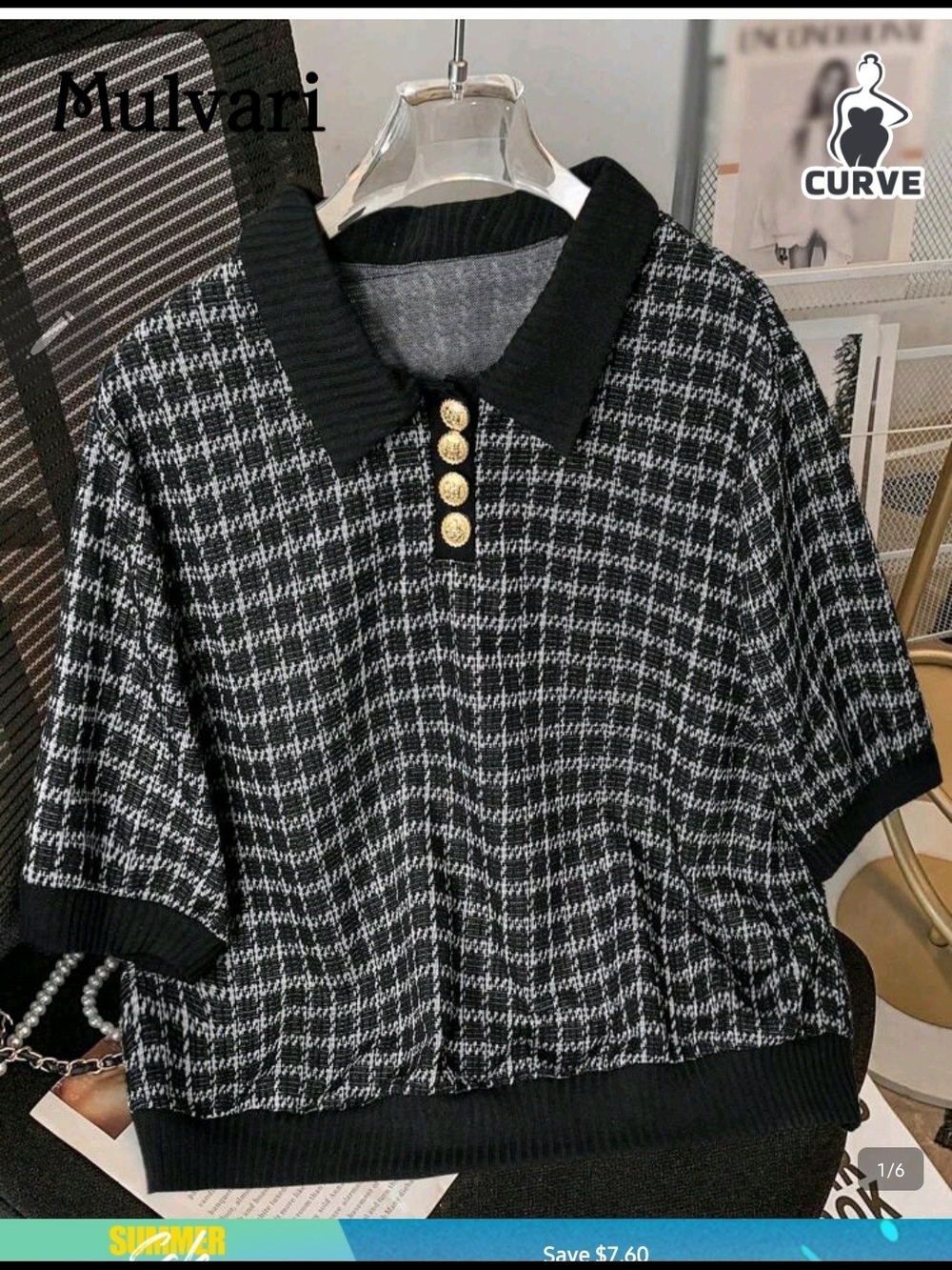 Mulvari Black & White Houndstooth Knit Polo Sweater with Gold Buttons